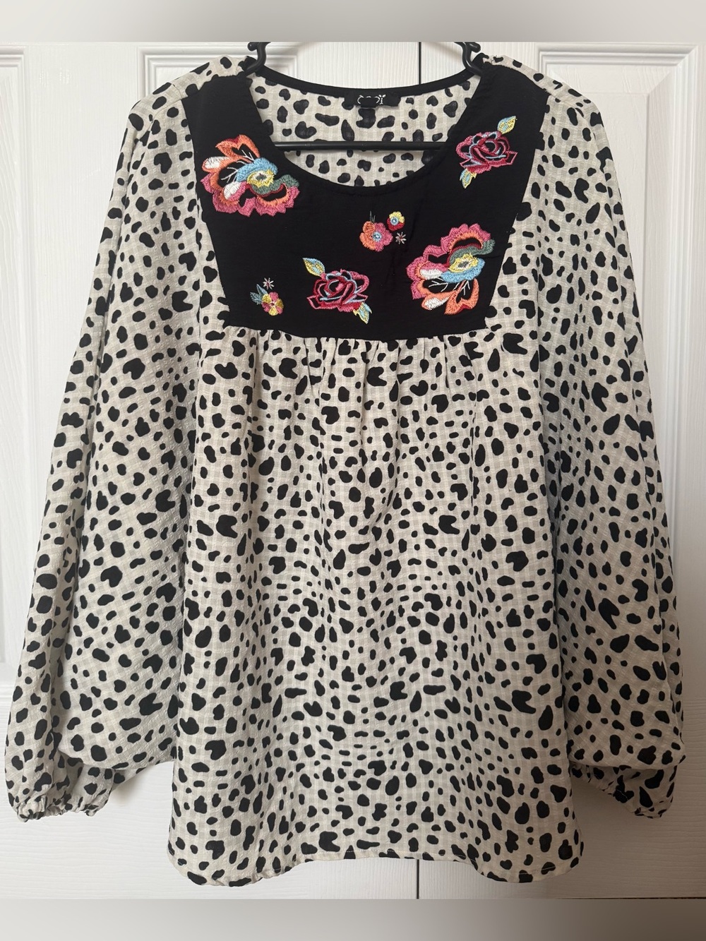 Oddi Embroidered Floral Cream & Black Animal Print Tunic Flower Top Flowy